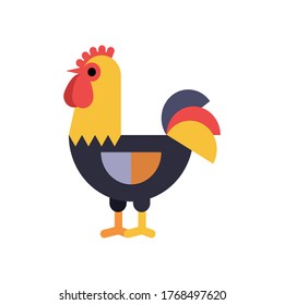 Rooster in a flat design on an isolated white background. Stylized bird from simple shapes. Vector stock illustration.