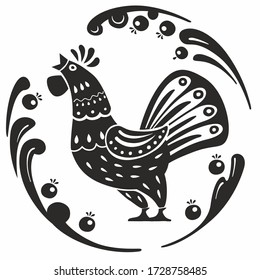 Gráficos folclóricos de gallo. El estilo de la pintura histórica rusa. Gráficos en blanco y negro de vectores