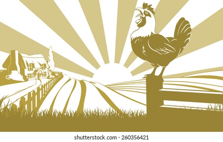 Rooster in the foreground and an a farm house thatched cottage in an idyllic landscape of rolling hills with sunrise in the background