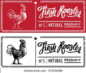 Rooster in the form of engraving on label stamp. For packaging farm products, farm food shops.