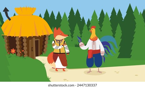 Gallo y zorro en el pueblo. Ilustración vectorial en estilo plano