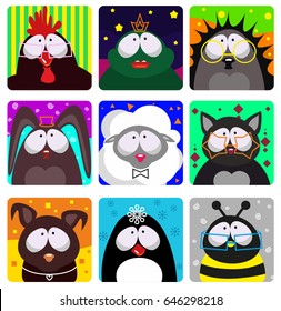 Rooster, frog, hedgehog, rabbit, sheep, cat, dog, penguin, bee vector icons, game design concept, colorful flat icons, funny animals, characters