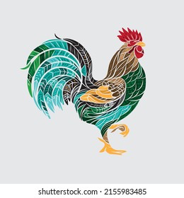 Rooster full color decorative illustration. Isolated engraving style animal vector drawing.	