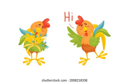 Rooster Funny Character with Bright Feathers Holding Bunch of Flower and Greeting Vector Set