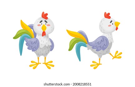 Rooster Funny Character con plumas brillantes de pie y juego de vectores de marcha