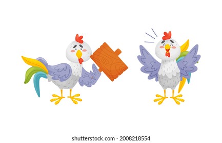 Rooster Funny Character with Bright Feathers Crowing and Holding Wooden Board Vector Set