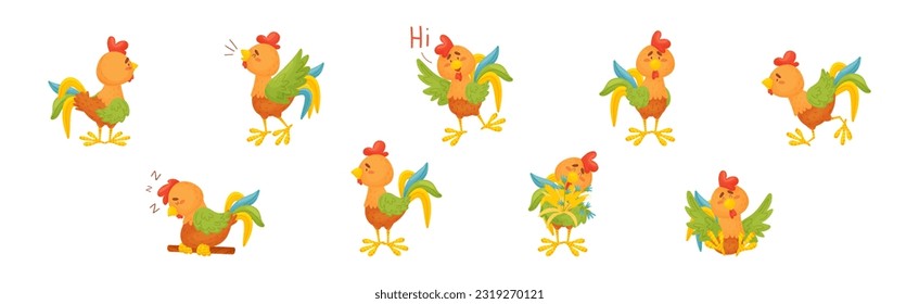 Rooster Funny Character with Bright Feathers Engaged in Different Activity Vector Set