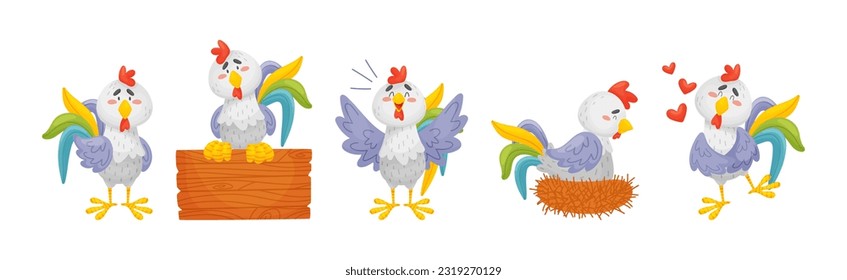 Rooster Funny Character with Bright Feathers Engaged in Different Activity Vector Set