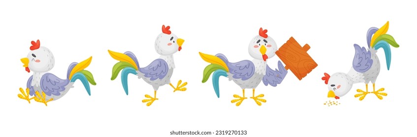 Carácter divertido de gallo con plumas brillantes que participan en un conjunto de vectores de actividad diferente