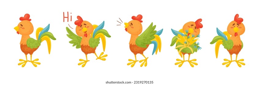 Rooster Funny Character with Bright Feathers Engaged in Different Activity Vector Set