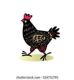 Rooster Funny design Vector illustration. Funky hand drawn cute hen on white isolated background. Rooster or cock sketch style for any design : calendar, banner, placard