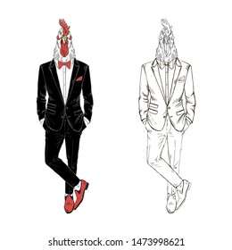 Rooster gentleman dressed up in tuxedo. Anthropomorphic Animal zodiac sign character. Chinese New Year