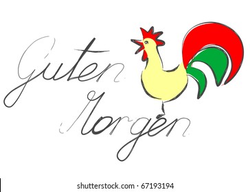 Rooster with German words "Guten Morgen" (good morning) - vector.