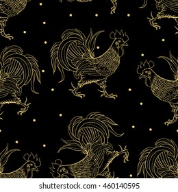 Rooster Gift wrap Black background. Seamless pattern