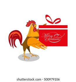 Rooster gives a gift and wishes Merry Christmas. 