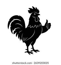 Rooster giving thumbs up black silhouette illustration.