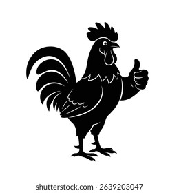 Rooster giving thumbs up black silhouette illustration.