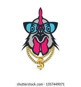 rooster with gold chain in glasses. Colored print for t-shirt and another, trendy apparel design. Vector illustrations  
