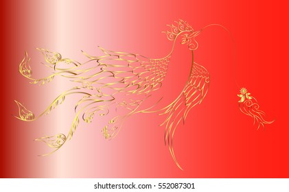 Rooster with golden border elements in Thailand style. illustration isolated over red background