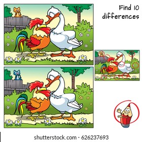 Rooster, goose and cat on the fence. Find 10 differences. Educational game for children. Cartoon vector illustration