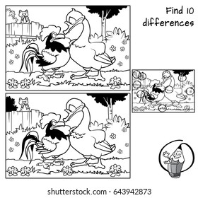 Rooster, goose and cat on the fence. Find 10 differences. Educational game for children. Black and white cartoon vector illustration