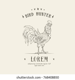 Rooster in graphic style, hand drawn illustration. Vector logo cock. Icon of bird