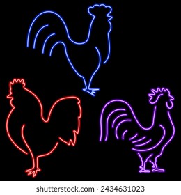 rooster group of neon icons, vector illustration on black background.