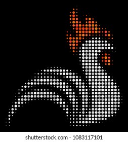 Rooster halftone vector icon. Illustration style is dotted iconic rooster symbol on a black background. Halftone texture is constructed of circle items.