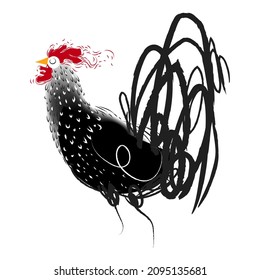 Rooster hand drawing black and white icon character isolated on white background vector illustration.