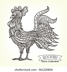 Rooster. Hand drawn decorative farm animal. Good for farmers market invitation, labels. Vector illustration. This illustration can be used as a print on T-shirts and bags.