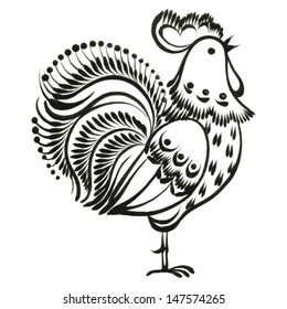 rooster, hand drawn, vector, black illustration in Ukrainian folk style