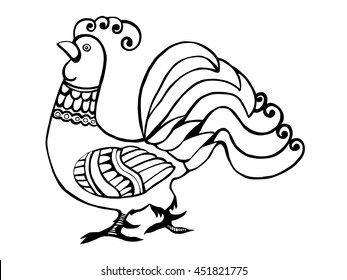 Rooster in hand-drawing style. Decorative bird. Vector illustration.