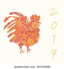 Rooster, hand-drawn and painted. Style zentangl. 
The emblem of the Chinese New Year in 2017. Zodiac Animals.