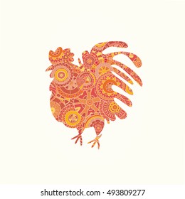 Rooster, hand-drawn and painted. Style zentangl. 
The emblem of the Chinese New Year in 2017. Zodiac Animals.