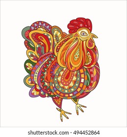 Rooster, hand-drawn and painted. Style zentangl. 
The emblem of the Chinese New Year in 2017. Zodiac Animals.