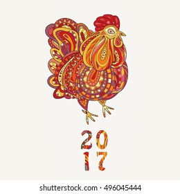 Rooster, hand-drawn and painted. Style zentangl. The emblem of the Chinese New Year in 2017. Zodiac Animals.