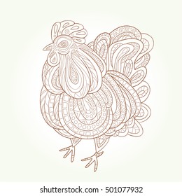 Rooster, hand-drawn and painted. Style zentangle. The emblem of the Chinese New Year in 2017. Zodiac Animals.