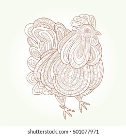Rooster, hand-drawn and painted. Style zentangle. The emblem of the Chinese New Year in 2017. Zodiac Animals.