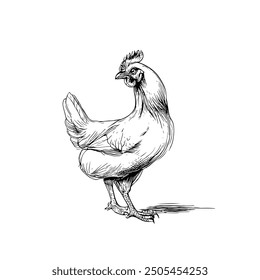 Rooster, Hand-Drawn Vector, Graphic Style, Cartoon Illustration, Black and White, Sketch Style, Isolated on White Background