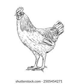 Rooster, Hand-Drawn Vector, Graphic Style, Cartoon Illustration, Black and White, Sketch Style, Isolated on White Background