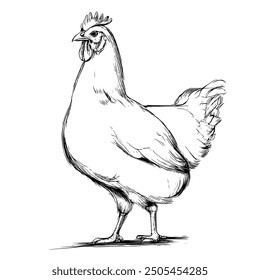 Rooster, Hand-Drawn Vector, Graphic Style, Cartoon Illustration, Black and White, Sketch Style, Isolated on White Background