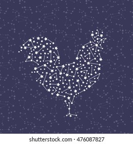 Rooster - Happy new year 2017 symbol on night sky background.. Year Of The Rooster. Vector Illustration rooster with astrological constellation on dark blue background.