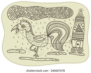 Rooster harnessed to a carriage and roll it in the rain. Bell hanging off cock on the beak.