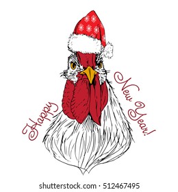 Rooster in hat illustration hand drawn ink on white background