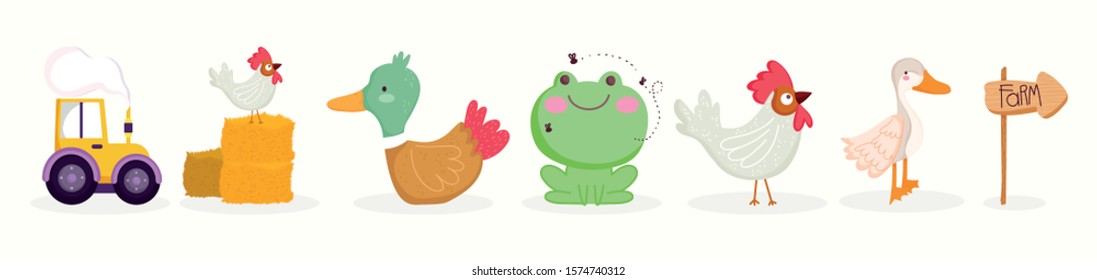 rooster in hay tractor duck frog wooden sign farm animals vector illustration