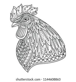 Rooster head. Adult anti stress coloring page. Black and white hand drawn doodle for coloring book