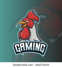Rooster head athletic club vector logo concept isolated on dark background. Modern sport team mascot badge design. E-sports team logo template with chicken vector illustration