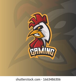 Rooster head athletic club vector logo concept isolated on dark background. Modern sport team mascot badge design. E-sports team logo template with Chicken vector illustration