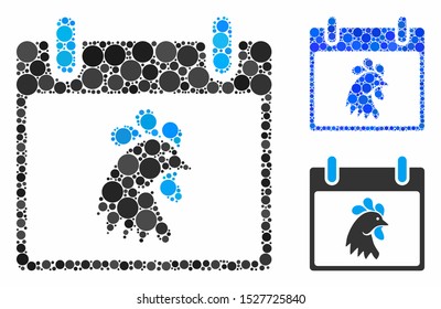 Rooster head calendar day composition of small circles in different sizes and shades, based on rooster head calendar day icon. Vector small circles are combined into blue mosaic.