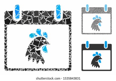 Rooster head calendar day composition of rugged parts in various sizes and color tones, based on rooster head calendar day icon. Vector abrupt elements are united into composition.